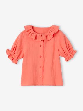 Girls-Blouses, Shirts & Tunics-Blouse in Cotton Gauze with Frilled Collar, for Girls