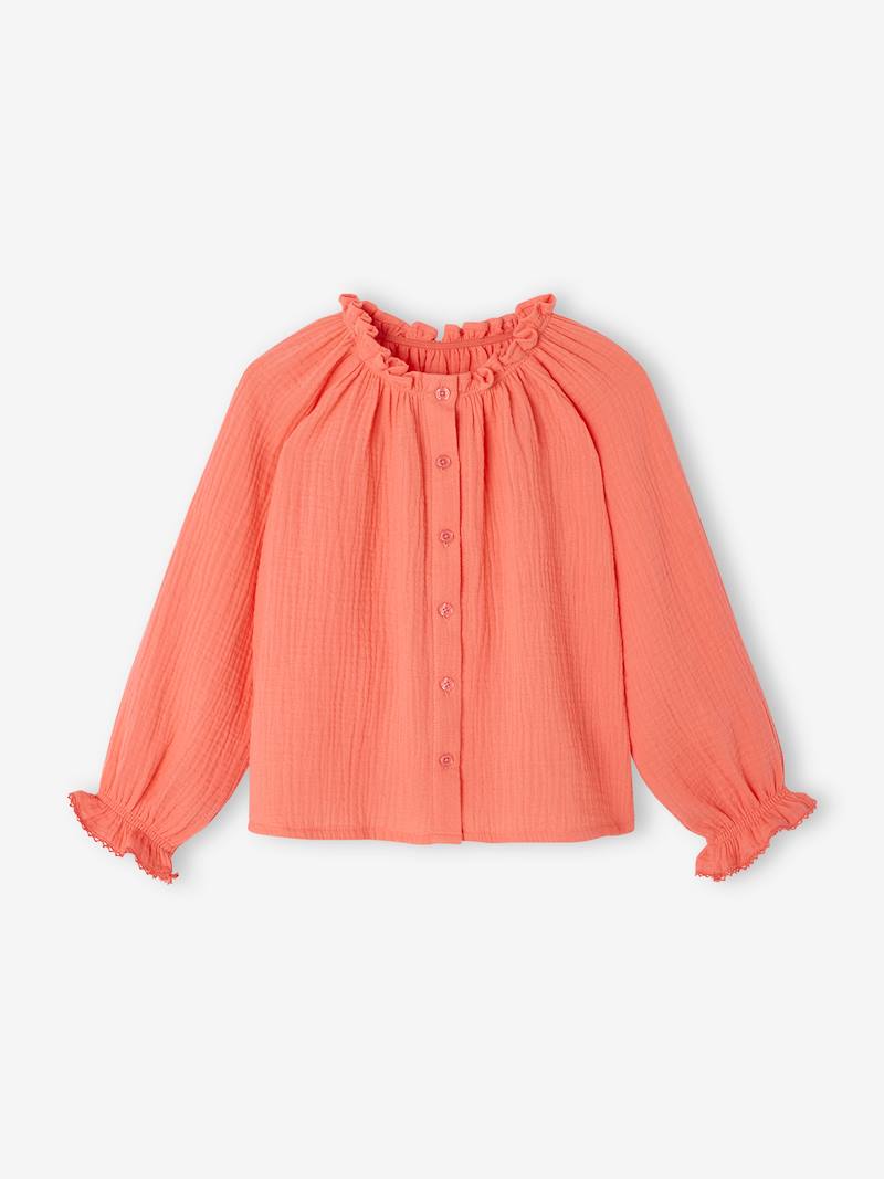 Wide Cotton Gauze Blouse for Girls - coral, Girls