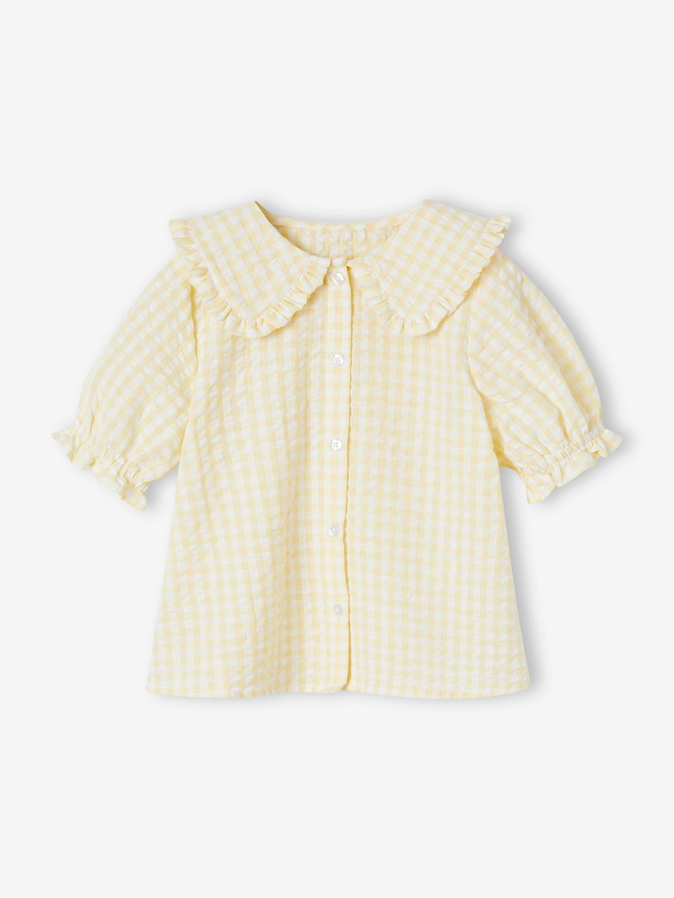 Gingham Blouse with Wide Ruffled Collar for Girls pale yellow Girls