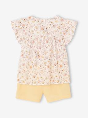 Girls-Shorts-Blouse with Flowers & Cotton Gauze Shorts Combo for Girls