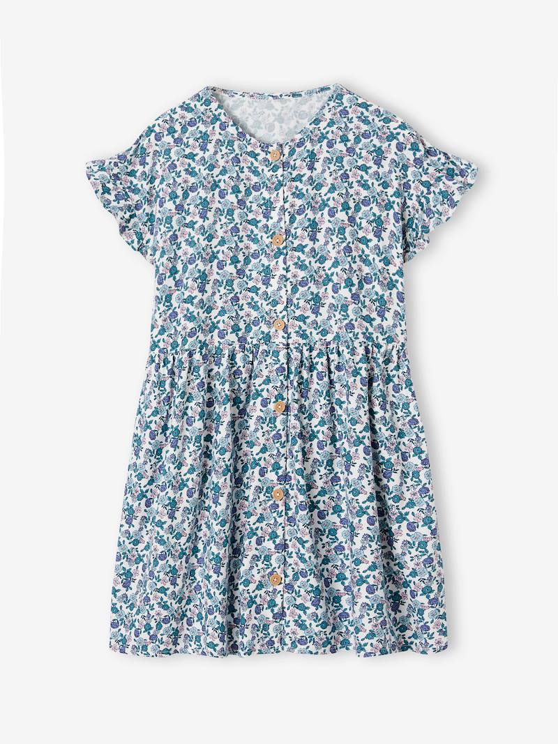 Girls Blue Front Button Strappy Dress