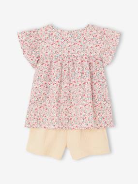 Girls-Outfits-Blouse with Flowers & Cotton Gauze Shorts Combo for Girls