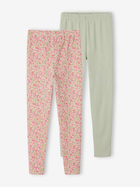 Lot de 2 leggings fille anthracite+beige+écru+rose poudré+vert émeraude+vert sauge - vertbaudet enfant 