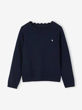 VERTBAUDET Pull Marinière Fantaisie Fille Rayé Marine - Encolure Festonnée Et Épaules Boutonnées - 12 Ans