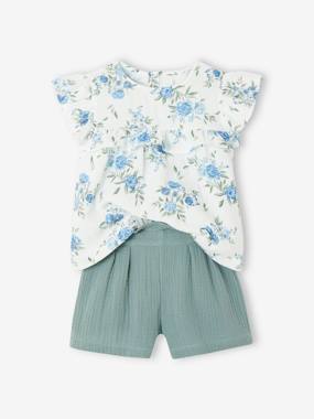 Girls-Outfits-Occasion Wear Outfit: Blouse with Ruffles & Shorts in Cotton Gauze, for Girls