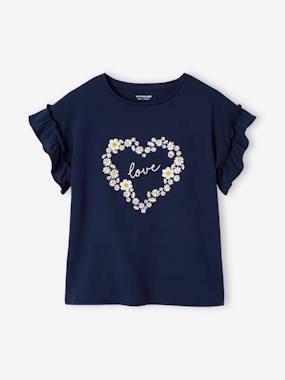 Girls-Tops-T-Shirt with Iridescent Motif & Short Ruffled Sleeves for Girls