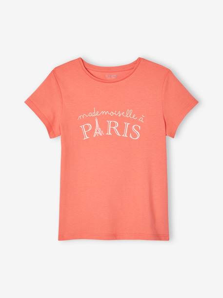 T-Shirt with Message, for Girls coral+ecru+fir green+navy blue+red+sky blue+strawberry+sweet pink+vanilla - vertbaudet enfant 