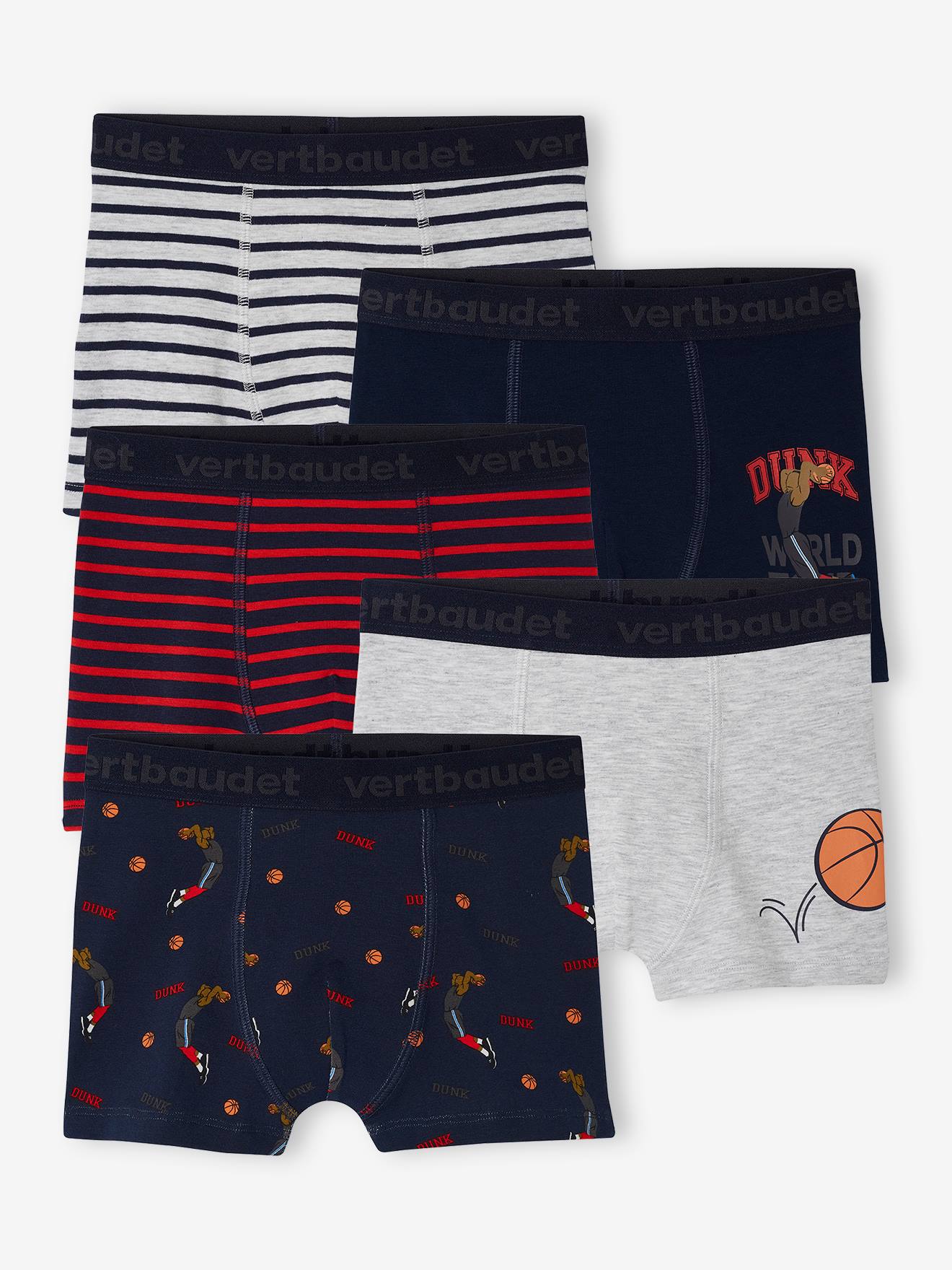 Pack of 5 Basketball Stretch Boxers in Organic Cotton for Boys - marl  grey, Boys