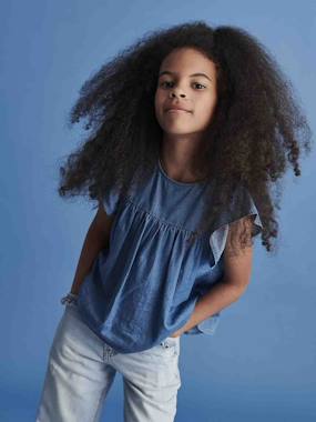 Girls-Blouses, Shirts & Tunics-Light Denim Blouse with Short Ruffled Sleeves for Girls