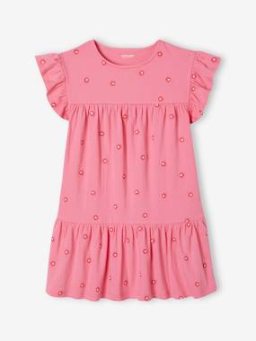 Girls-Crinkled Knit Dress with Embroidered Flowers for Girls