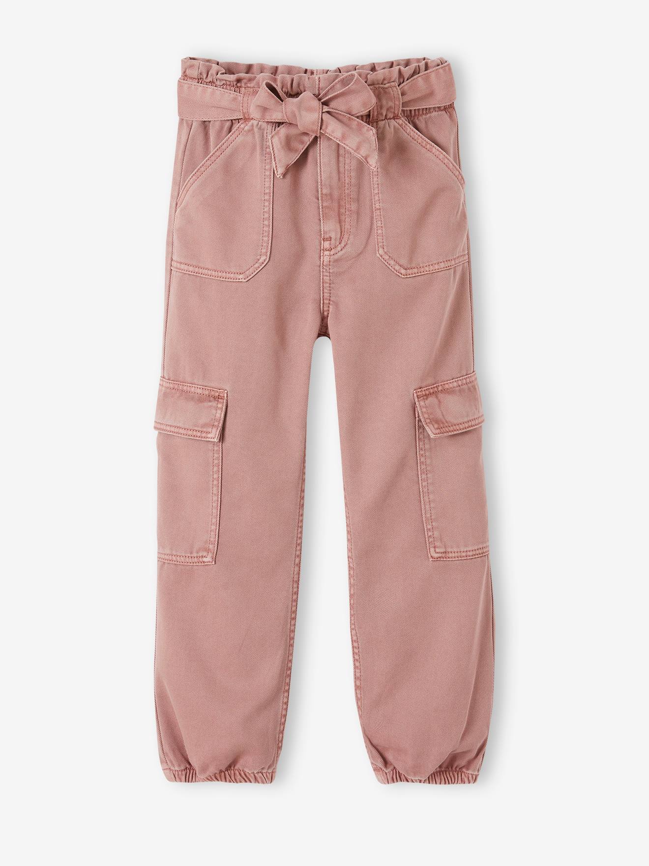 Cargo Trousers for Girls in Loose-Fitting Fabric - old rose, Girls