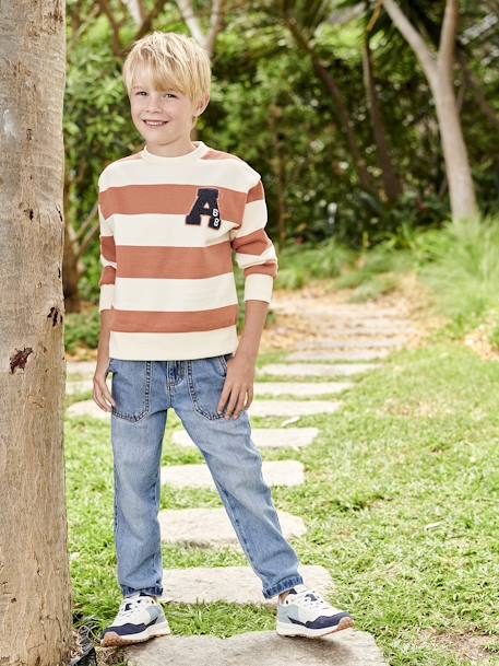 Sweatshirt with Wide Stripes & Bouclé Badge for Boys apricot+emerald green+night blue - vertbaudet enfant 