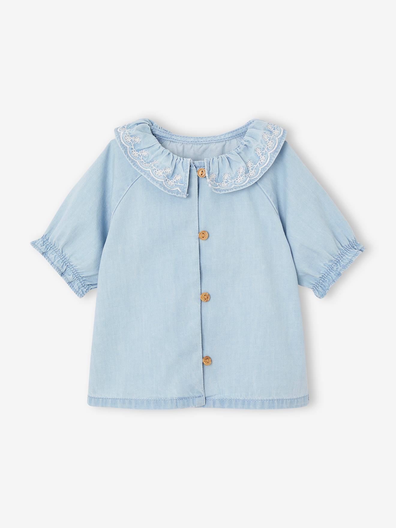 Blouse in Light Denim with Embroidered Collar for Babies