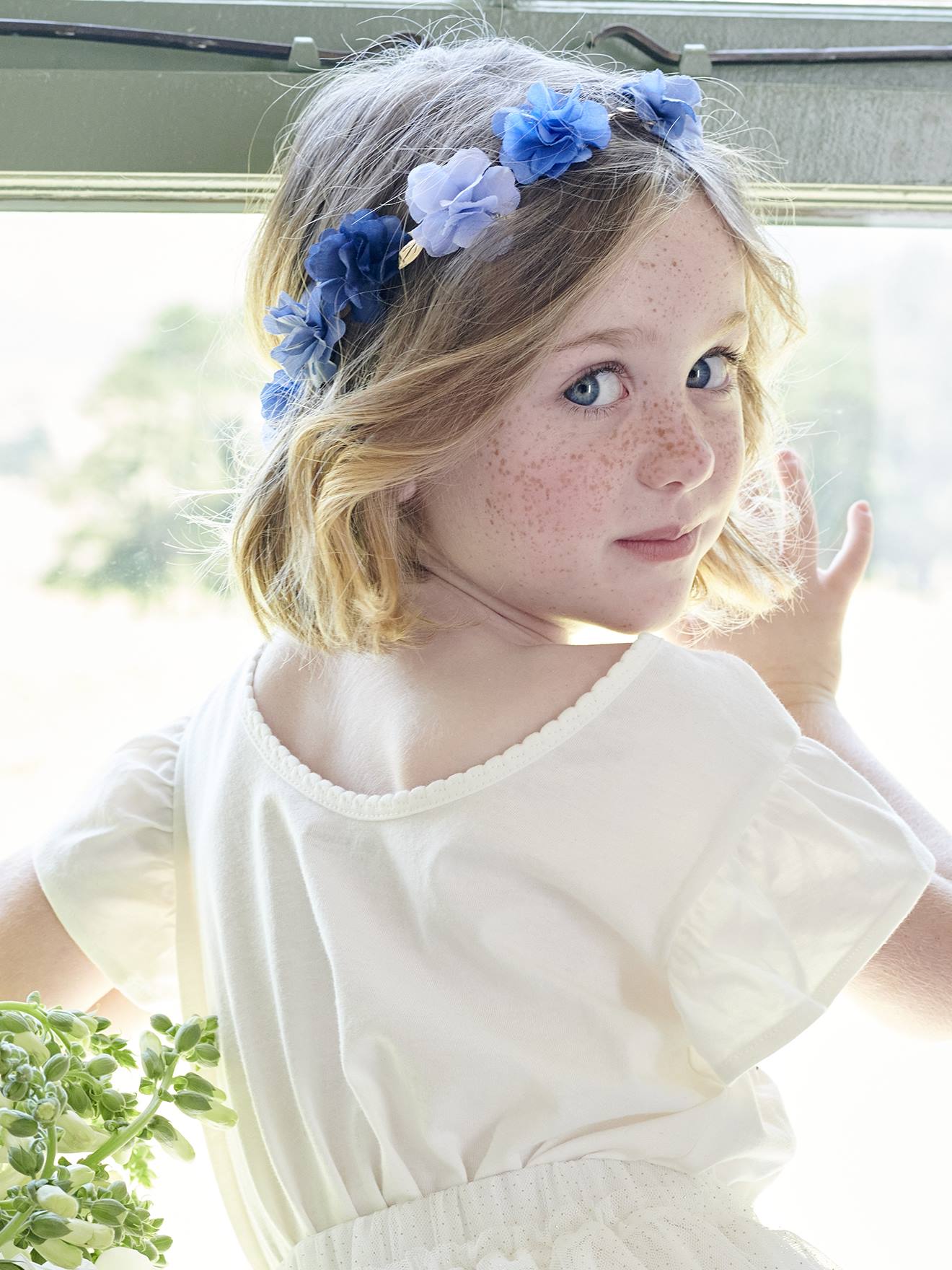 Couronne de fleurs nude et dorée fille - bleu, Fille