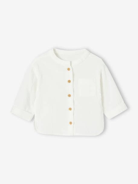 Shirt in Cotton Gauze with Mandarin Collar, for Babies ecru+electric blue+GREEN DARK SOLID - vertbaudet enfant 