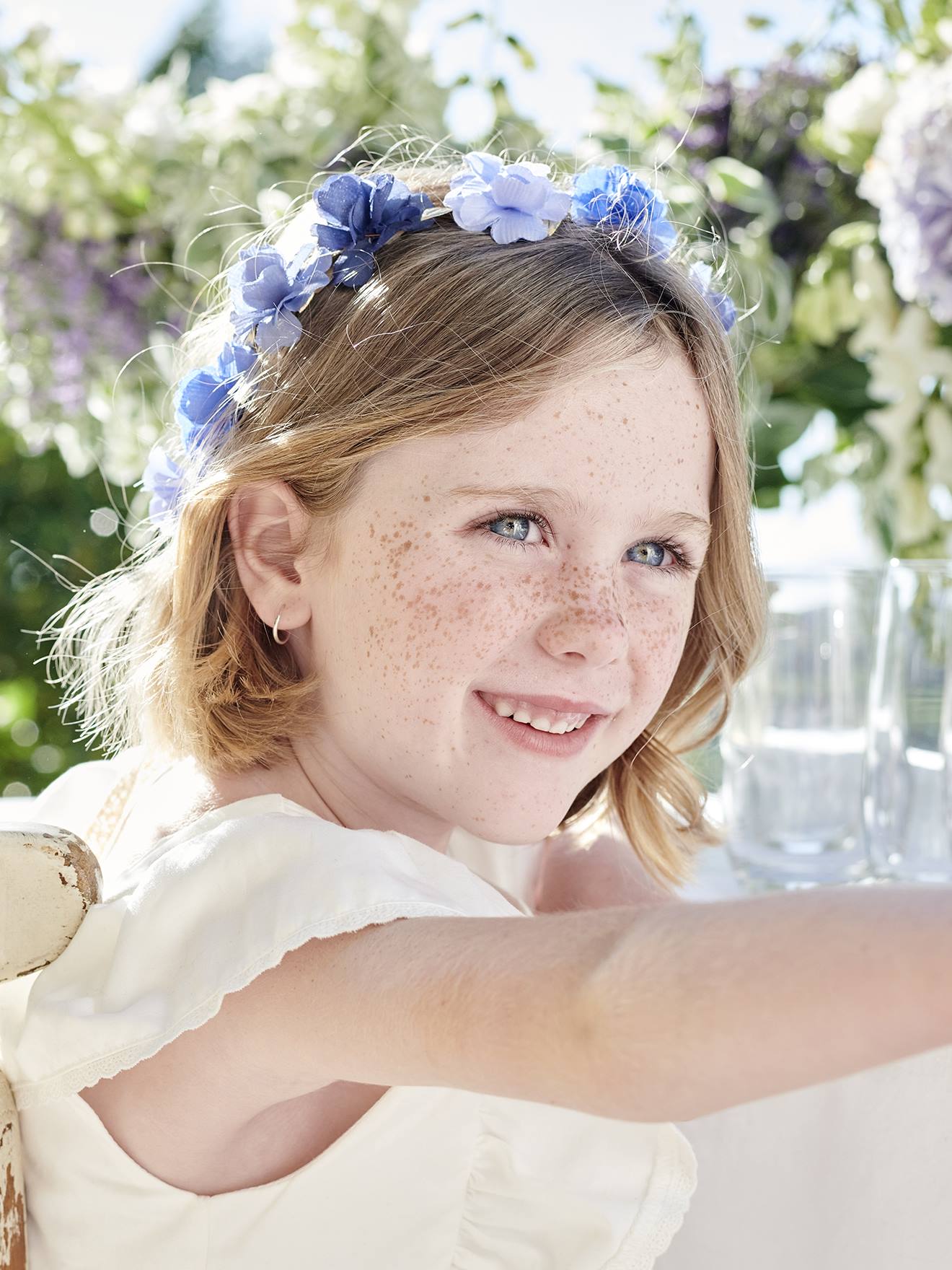 Couronne de fleurs nude et dorée fille - bleu, Fille