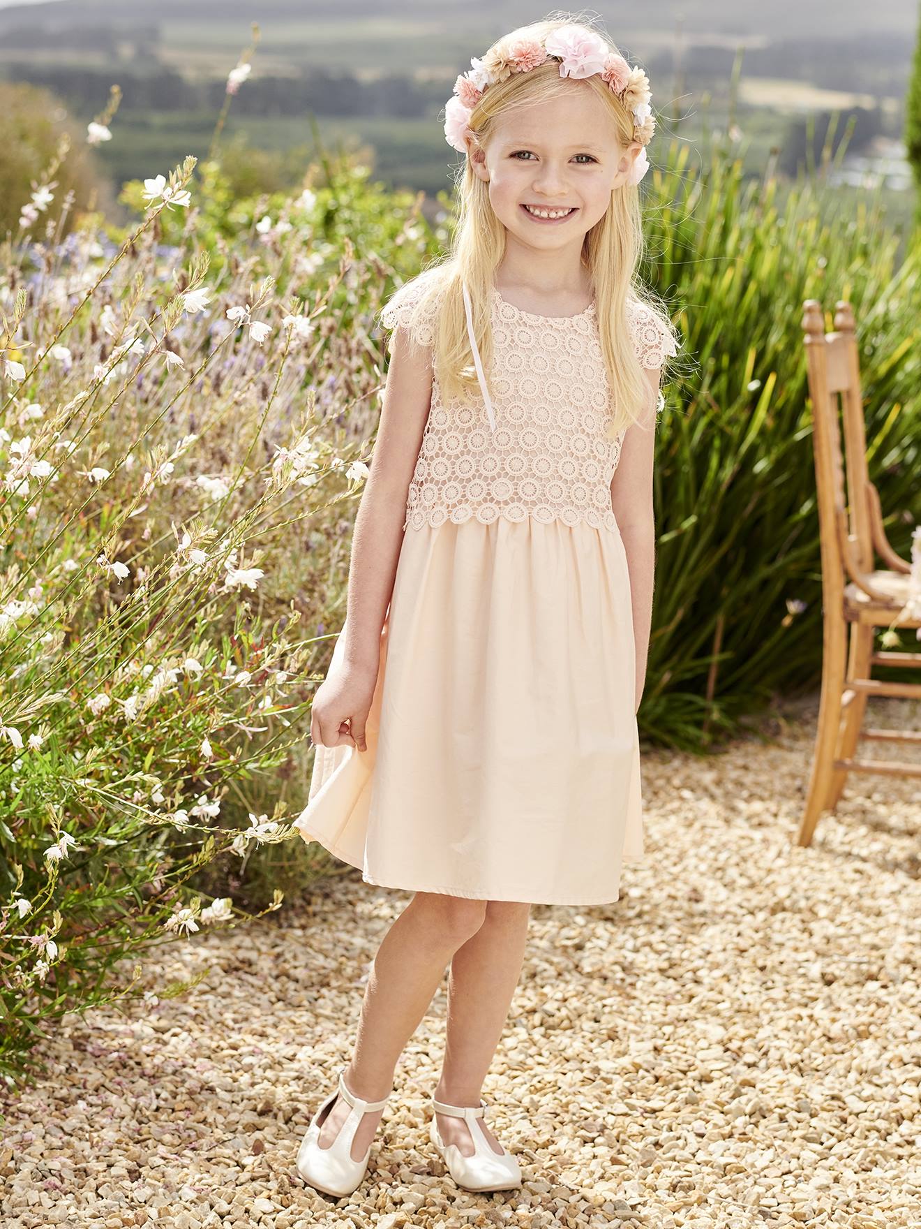 Robe cérémonie fille effet en haut en macramé rose nude, Fille