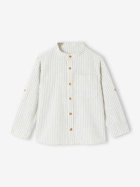 -Chemise col Mao rayée en coton/lin garçon manches retroussables