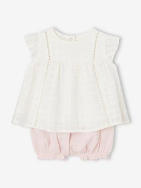 Bébé-Ensemble robe brodée et bloomer en gaze de coton naissance