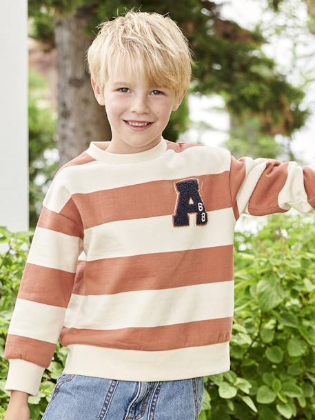 Sweatshirt with Wide Stripes & Bouclé Badge for Boys apricot+emerald green+night blue - vertbaudet enfant 