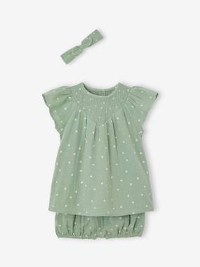 Bébé-Ensemble en gaze de coton : robe + bloomer + bandeau bébé