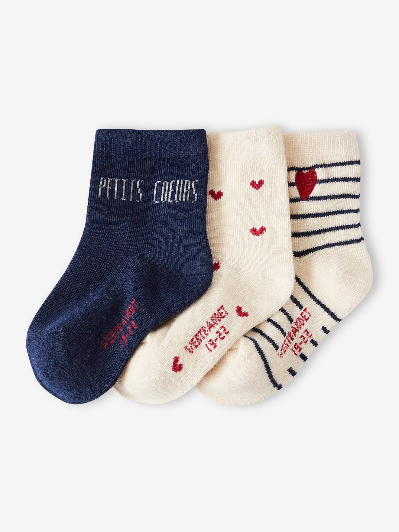 Lot De 3 Paires Chaussettes Cœurs Bébé Fille - Coton Doux - Taille Unique Nouveau-Né