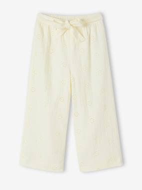 Fille-Pantalon-Pantalon large brodé fleurs en gaze de coton fille