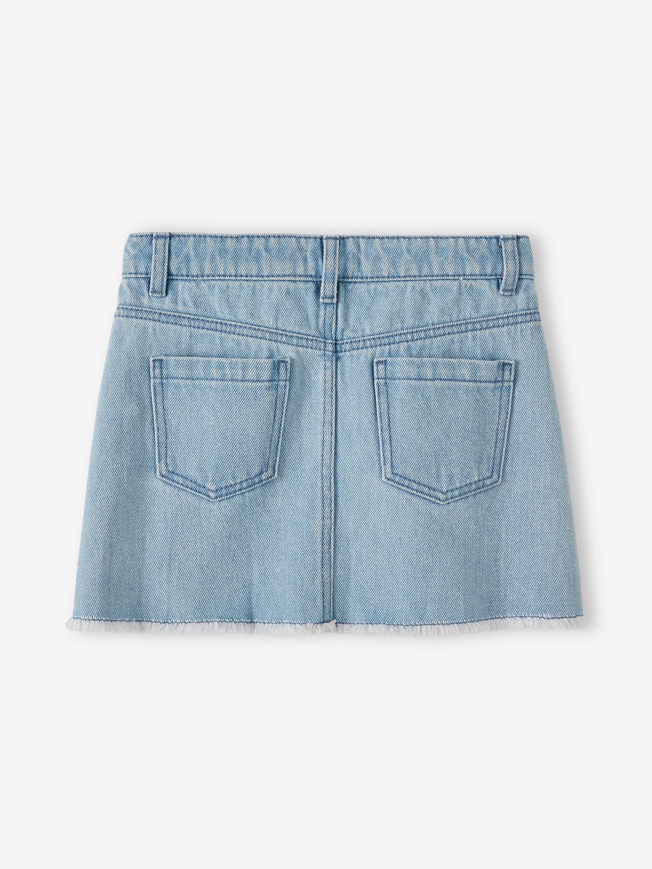 Denim Skirt with Embroidered Flowers, for Girls - bleached denim