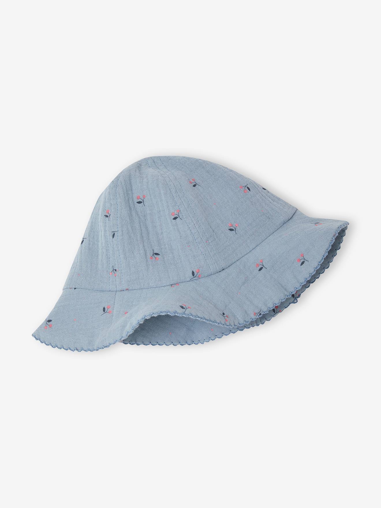 Vertbaudet Dress & Bucket Hat Combo in Cotton Gauze for Newborns Chambray Blue