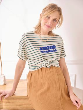 Maternity-T-shirts & Tops-Striped T-Shirt with Message, in Organic Cotton, for Maternity