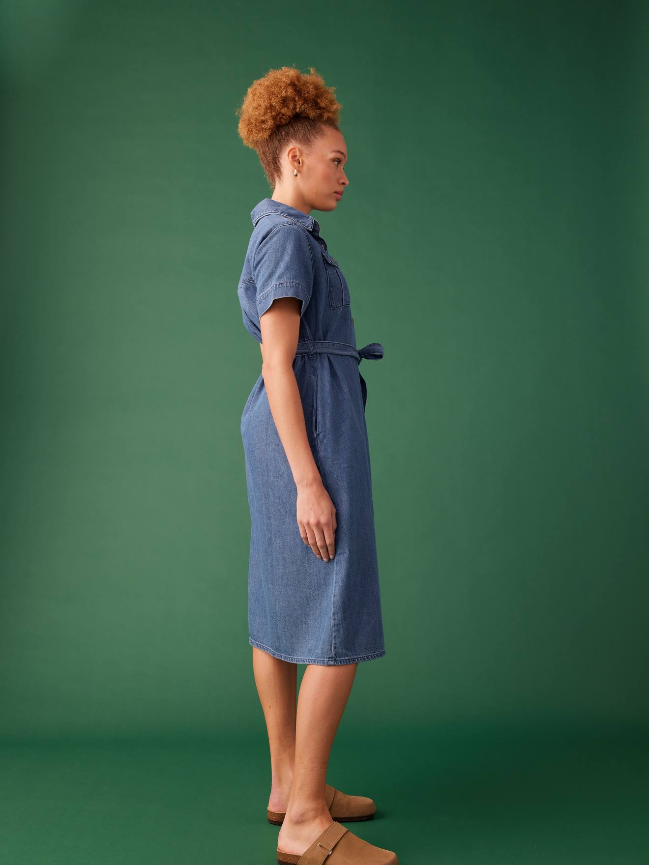 denim safari dress G by Giuliana Short Sleeve Denim Safari Dress - Tan