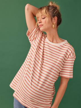 -Striped Organic Cotton T-Shirt for Maternity, "parfaite" Embroidery, by ENVIE DE FRAISE