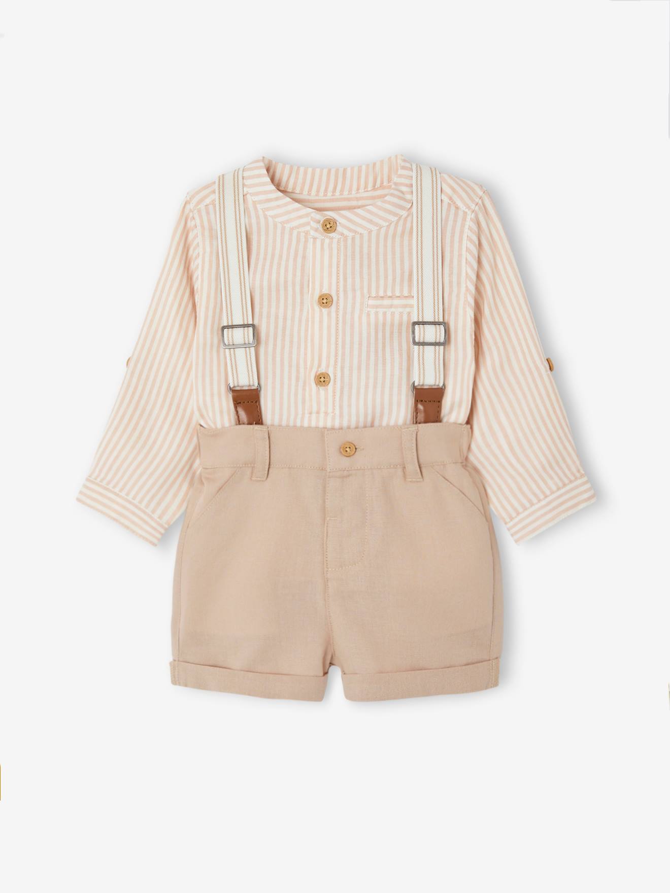 Ensemble cérémonie bébé chemise short bretelles taupe, Bébé