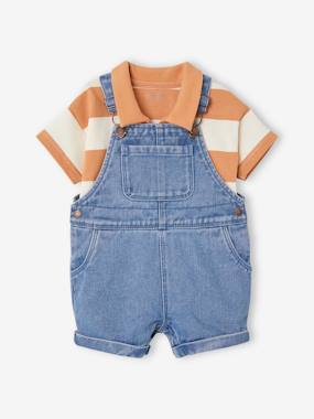 Bébé-Ensemble bébé salopette courte en denim et son polo rayé