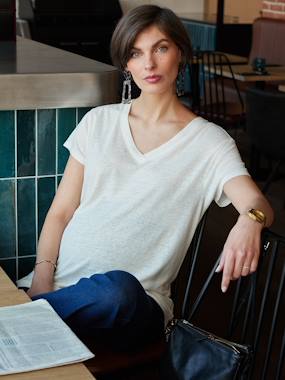 Maternity-T-shirts & Tops-Iridescent Linen T-Shirt for Maternity, V-Neck, by ENVIE DE FRAISE