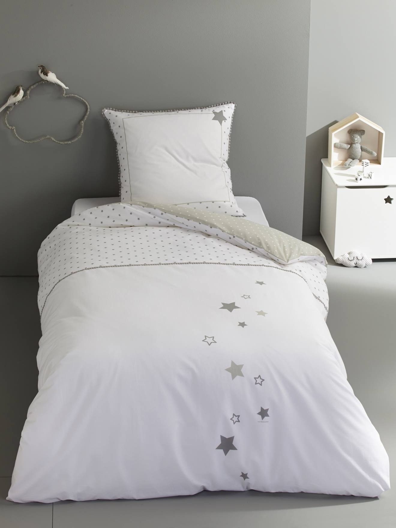 Parure Reversible Housse De Couette Taie D Oreiller Enfant Pluie D Etoiles Oeko Tex Blanc Imprime Linge De Lit Deco