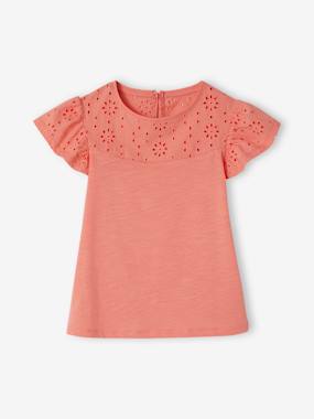 Girls-Tops-T-Shirts-T-Shirt for Girls, with Broderie Anglaise and Ruffled Sleeves