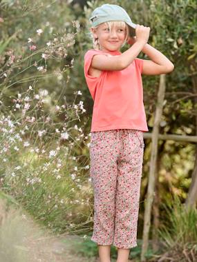 Girls-Trousers-Cropped Cotton Gauze Trousers with Floral Print, for Girls