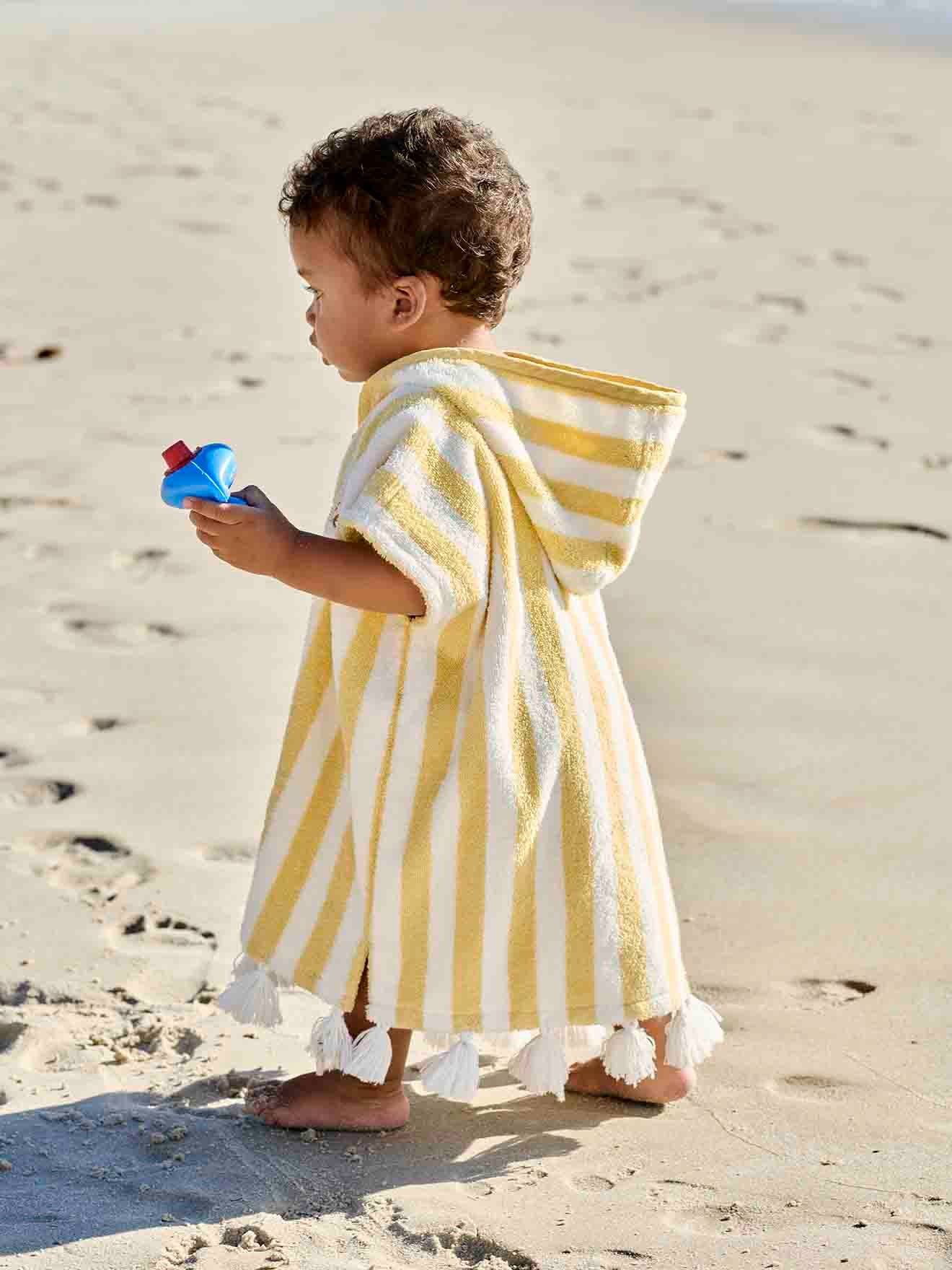 Poncho de bain bebe a rayures personnalisable raye jaune Linge de lit Deco