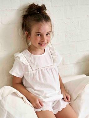 Girls-Nightwear-Short Pyjamas in Cotton Voile with Plumetis & Broderie Anglaise for Girls