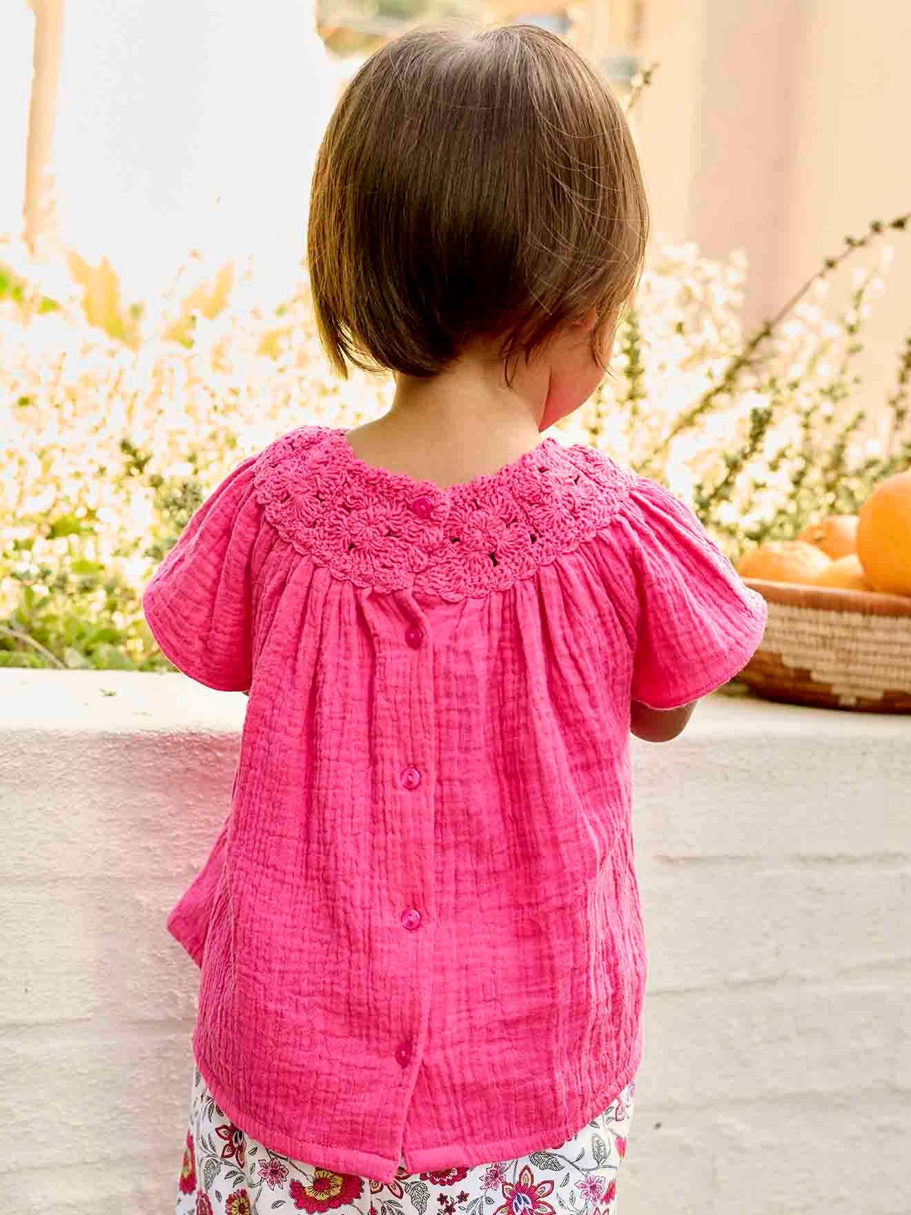 Cotton Gauze Blouse with Crochet Neckline for Babies - fuchsia, Baby