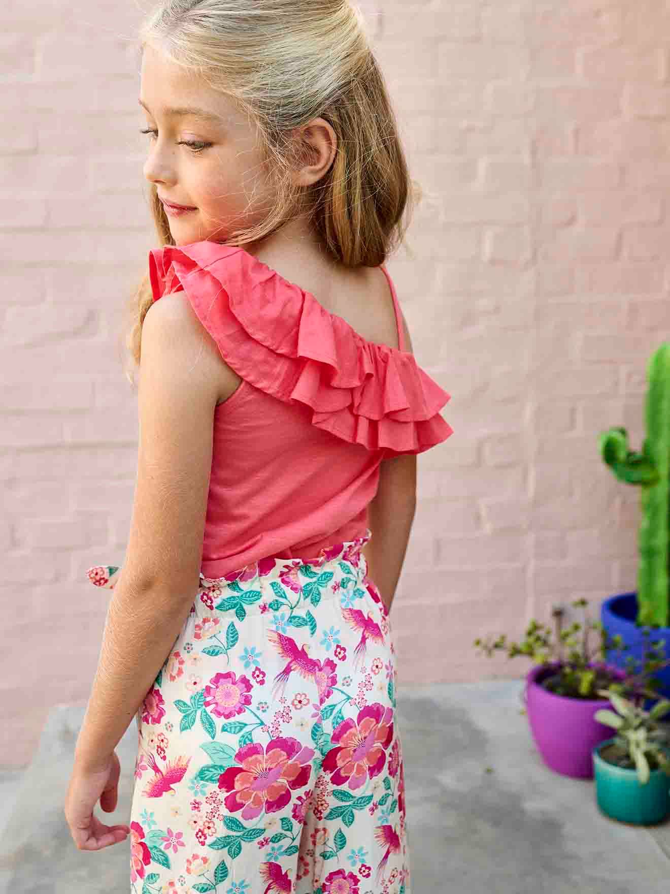 Top with Asymmetrical Frill for Girls - coral, Girls