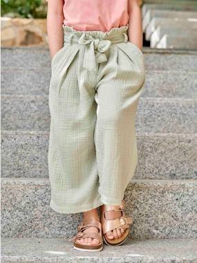 -Cropped, Wide Leg Paperbag Trousers in Cotton Gauze for Girls