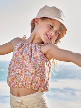 Girls-Blouses, Shirts & Tunics-Cropped Blouse with Floral Print, Ruffles on the Straps, for Girls