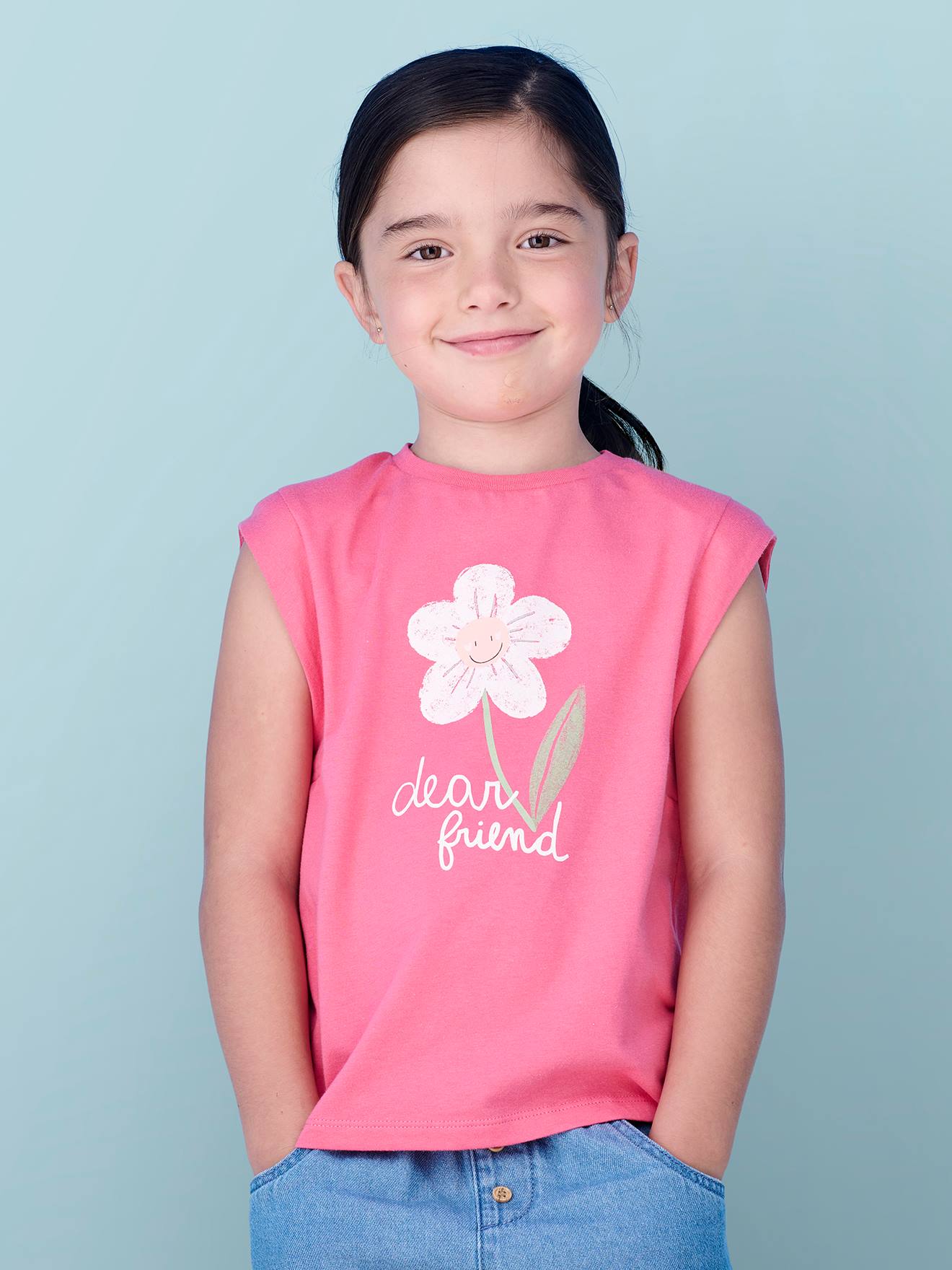 Sleeveless Top with Bird, for Girls - ecru, Girls