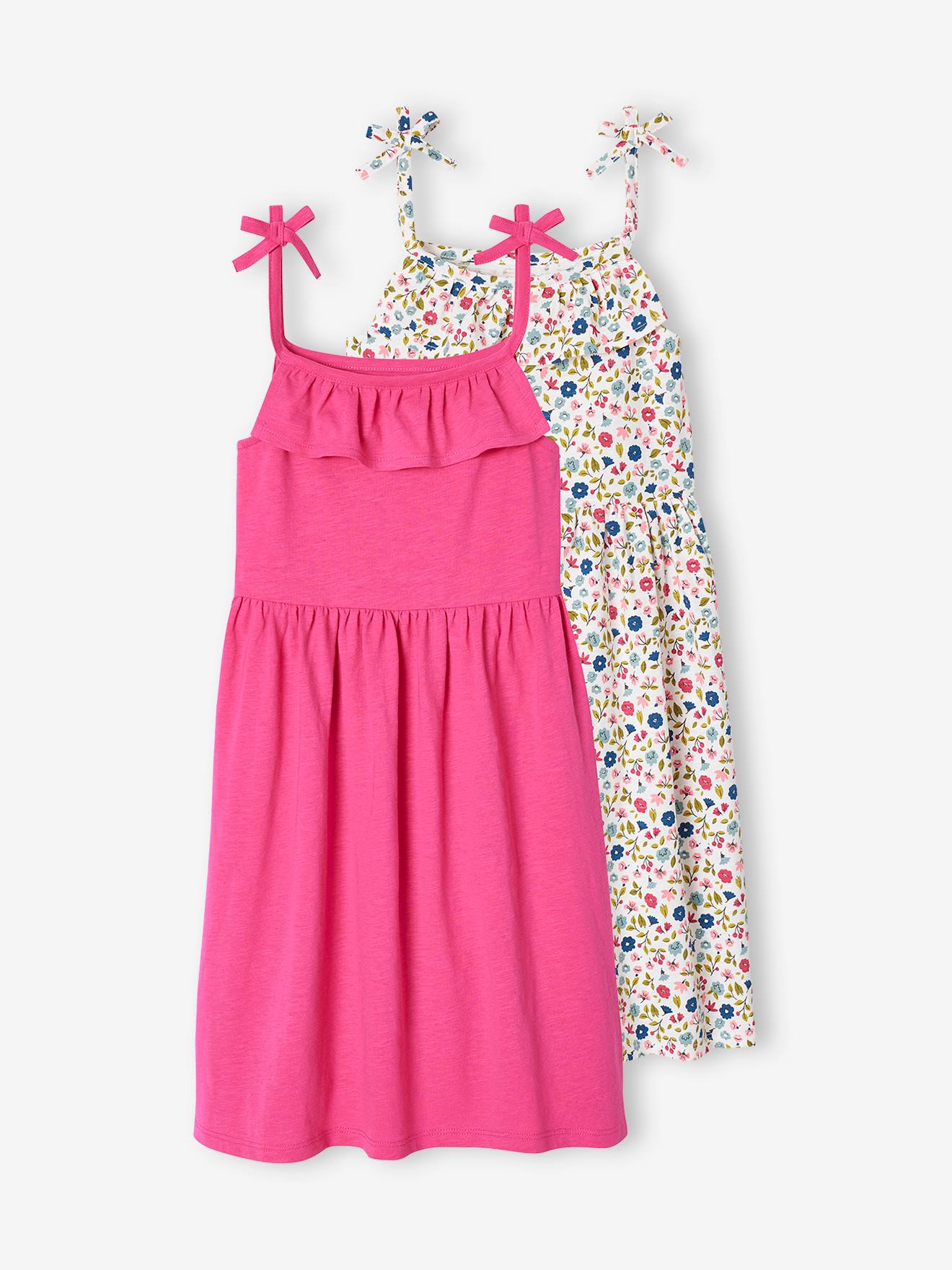 Pack of 2 Strappy Dresses: 1 Printed + 1 Plain, for Girls - fuchsia, Girls