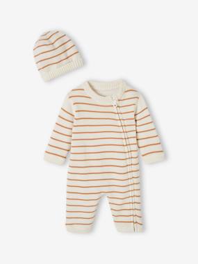 -Striped Knitted Jumpsuit & Beanie Set for Babies