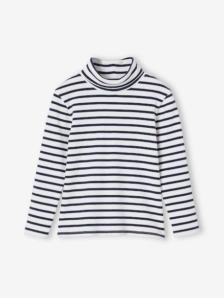 Polo Neck Top in Rib Knit for Girls multicoloured+striped blue - vertbaudet enfant 