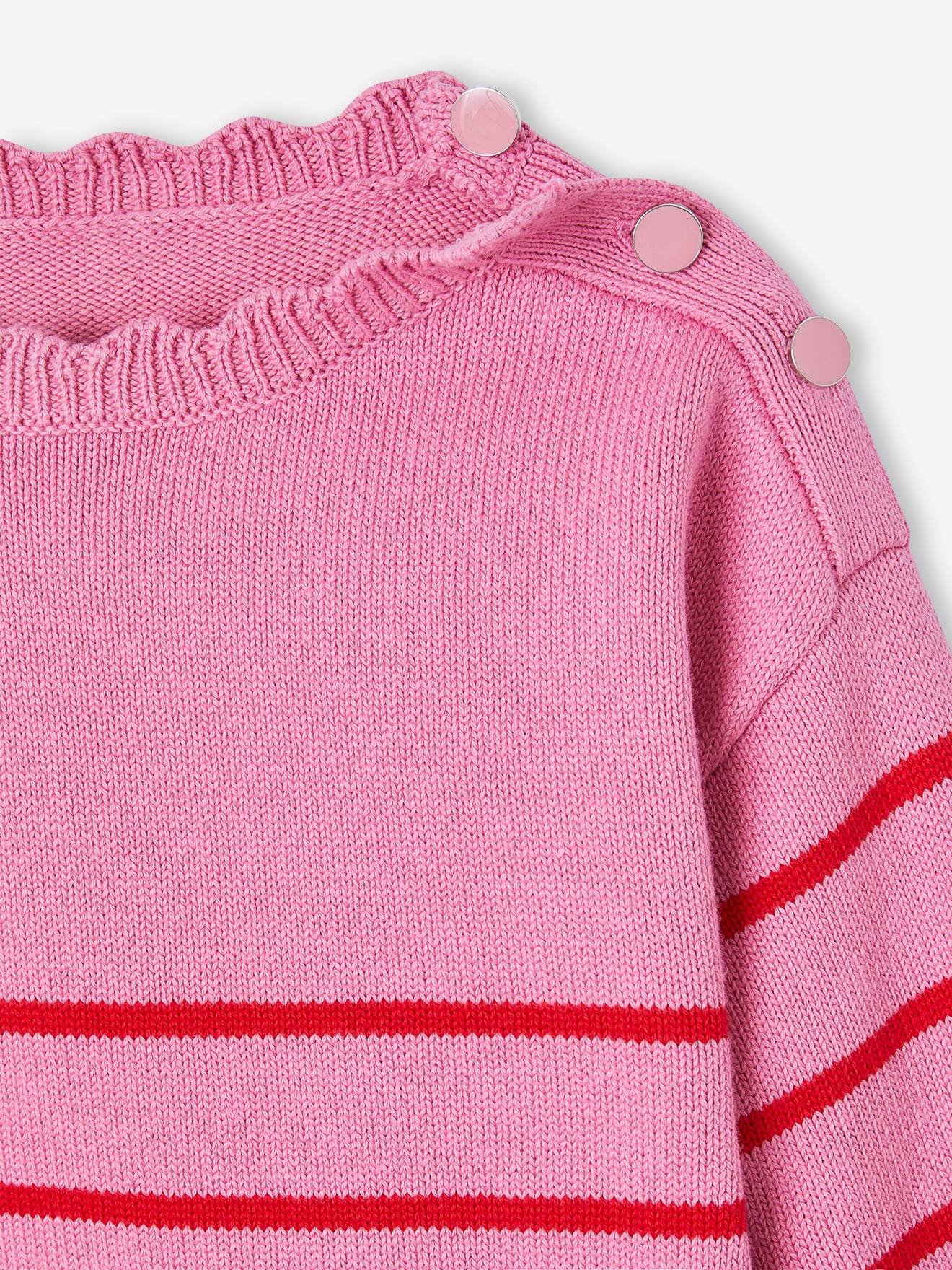 Pull Marinière Fantaisie Fille - Rayures Tricotées, Manches Longues, Encolure Ronde Festonnée, épaule Boutonnée - Vertbaudet