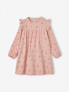 Girls-Dress with Ruffles on the Shoulders, in Cotton Gauze